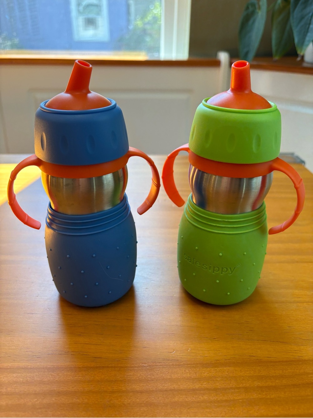 Safe Sippy Stainless Kid Cup — Blue and Green Silicone Sleeve 11 oz